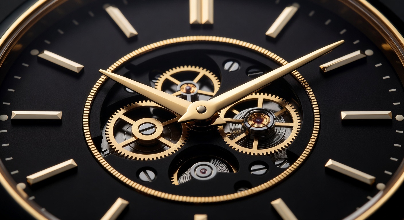 Close up of a luxury black and red watch dial