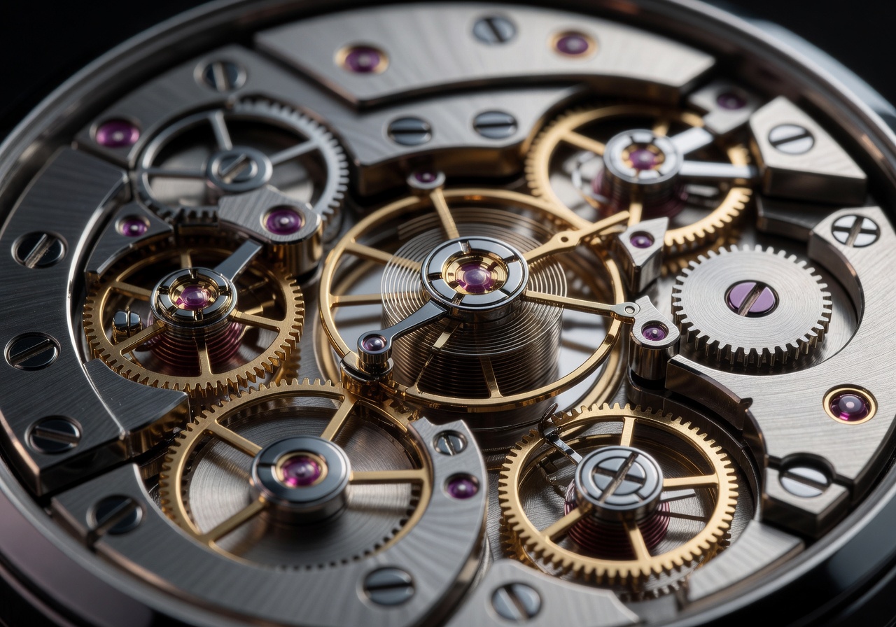 Intricate watch movement macro shot