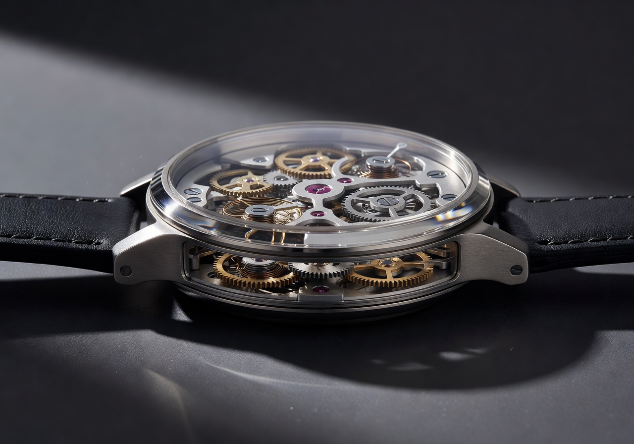 Side profile of a Plixaralogic watch showing design architecture