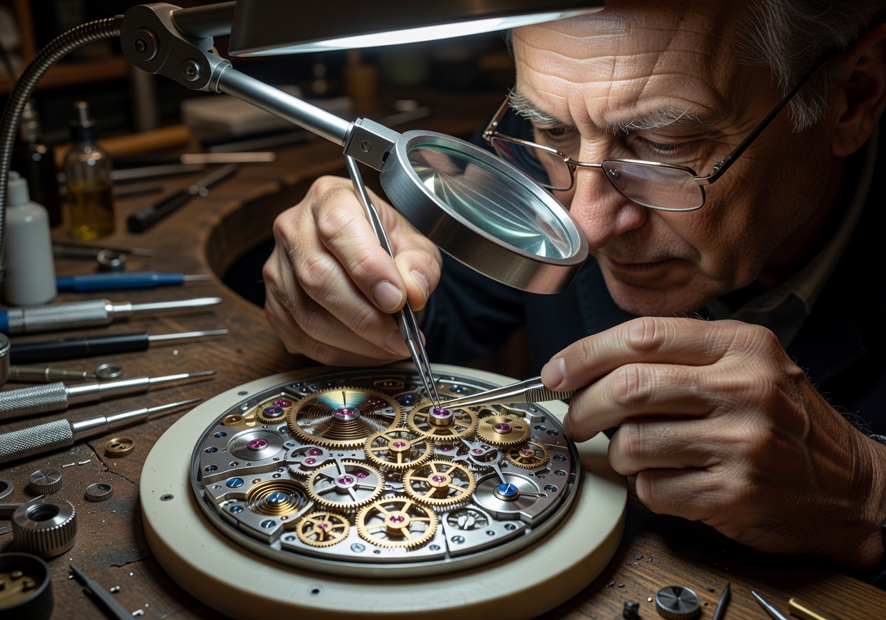 Watchmaker assembling a Plixaralogic watch movement